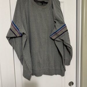 Torrid Gray and Blue Crewneck Sweater with Striped Sleeves